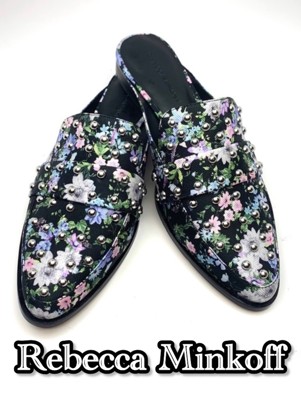 NWT REBECCA MINKOFF MILENA STUDDED SILK LOAFER MULE